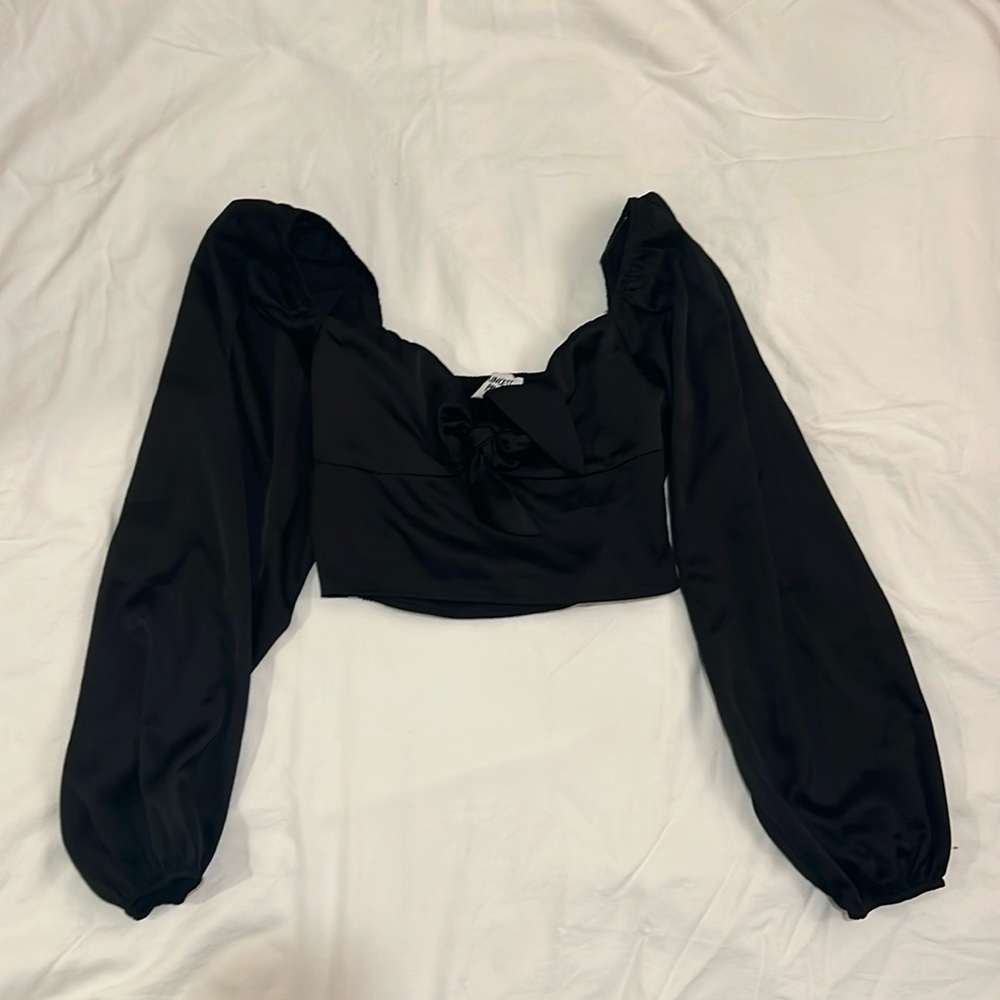 Princess Polly Black Tie-Front Balloon Sleeve Crop Top